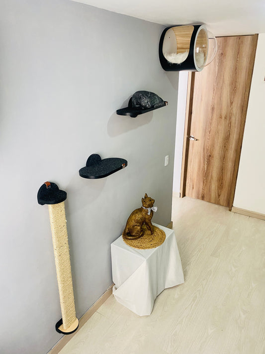 Gimnasio -ÉLITE- NEGRO - Cueva 1 Flotante  REDONDA + 1 Rascador Grande 116cm + 2 Repisas 40cm