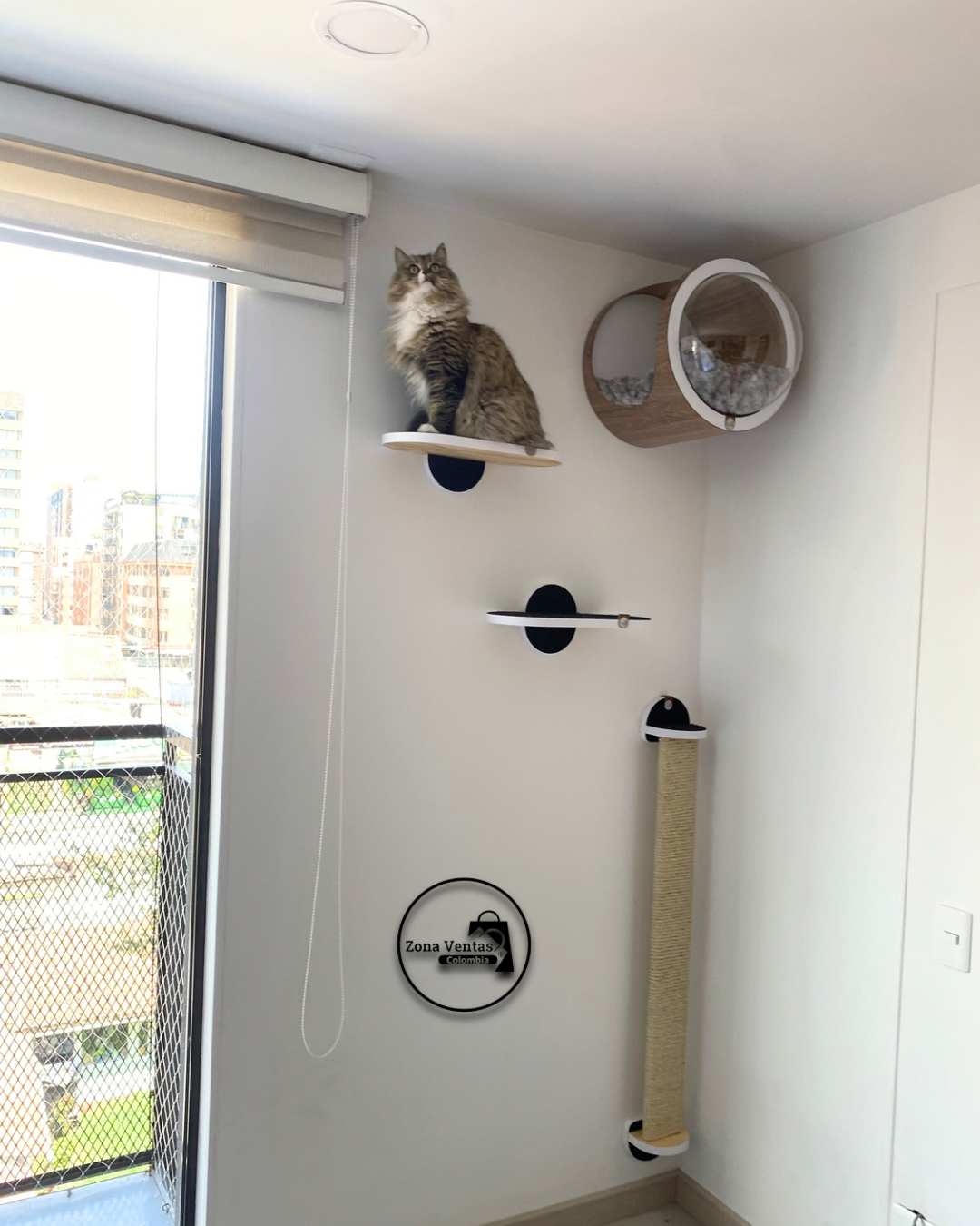 Gimnasio -ÉLITE - Madera y Blanco - 1 Cueva Flotante REDONDA + 1 Rascador Grande 116cm + 2 Repisas 40 cm