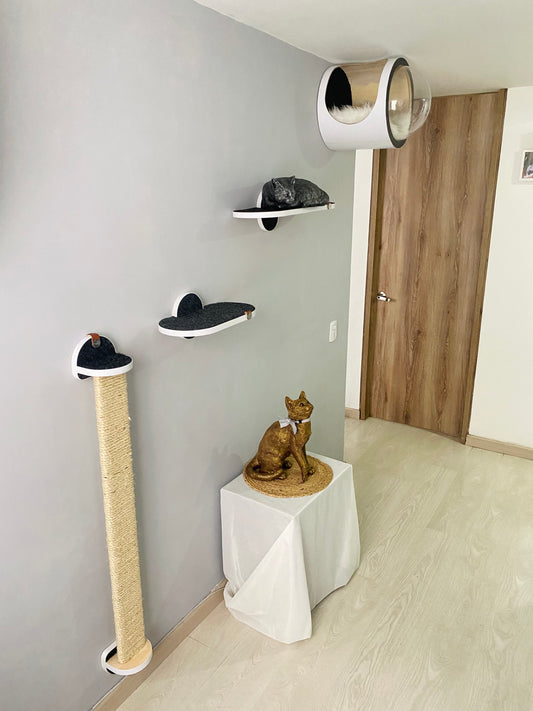 Gimnasio -ÉLITE - BLANCO - 1 Cueva Flotante REDONDA + 1 Rascador Grande 116cm + 2 Repisas 40 cm