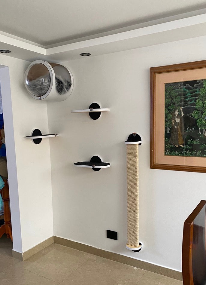 Gimnasio -MODE - BLANCO - 1 Cueva Flotante REDONDA + 1 Rascador Grande 116cm + 3 Repisas 40 cm