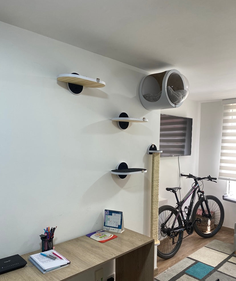 Gimnasio -MODE - BLANCO - 1 Cueva Flotante REDONDA + 1 Rascador Grande 116cm + 3 Repisas 40 cm